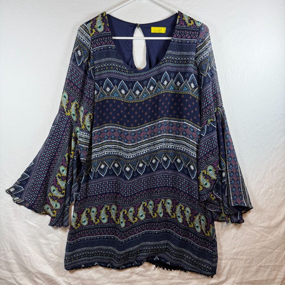 Dee Elle Navy Paisley Boho Bell Sleeve Tunic Top Size M